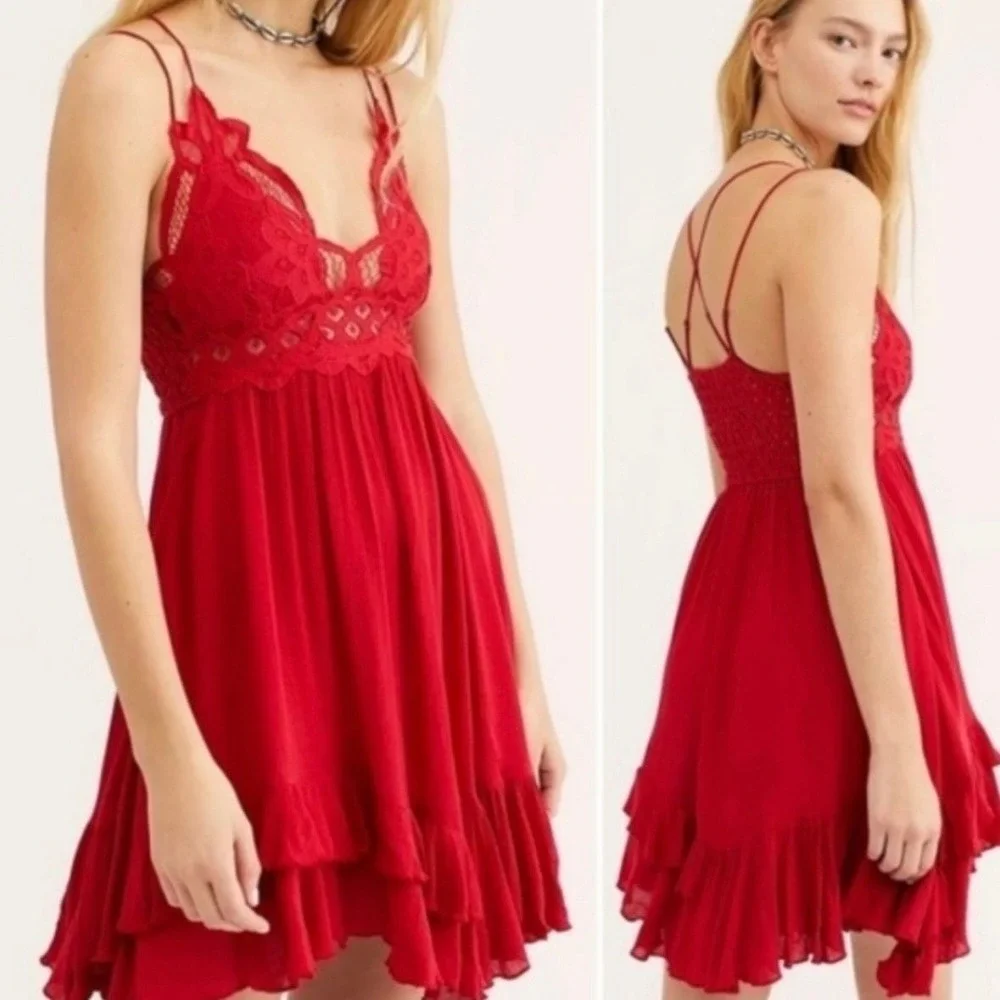 FREE PEOPLE Adella Mini Dress Womens Small Red Lace Boho Crochet Coquette Date